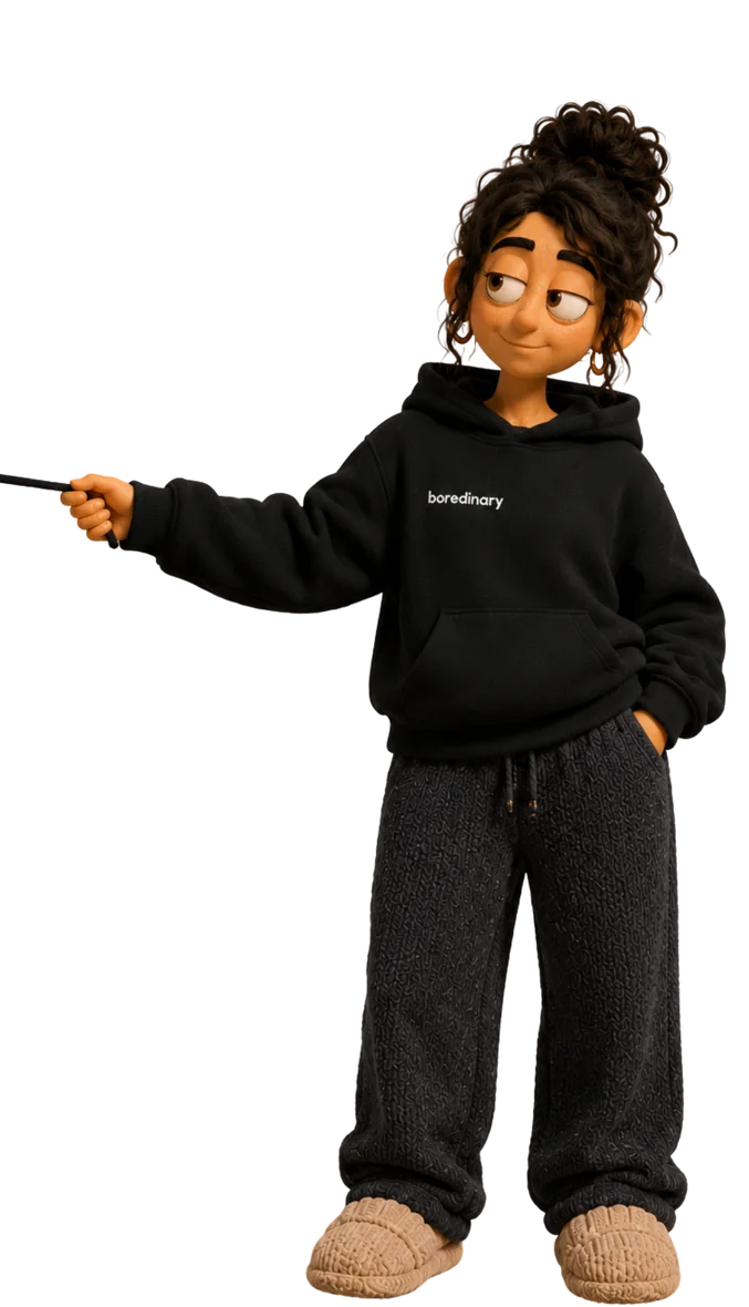 Claire standing in a boredinary hoodie
