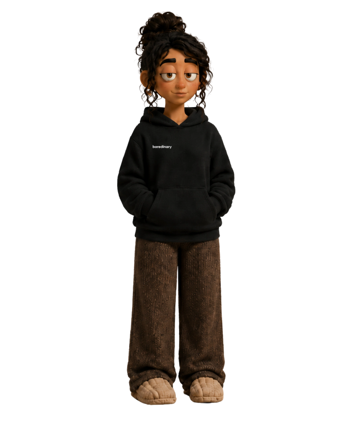 Claire wearing the hoodie, front