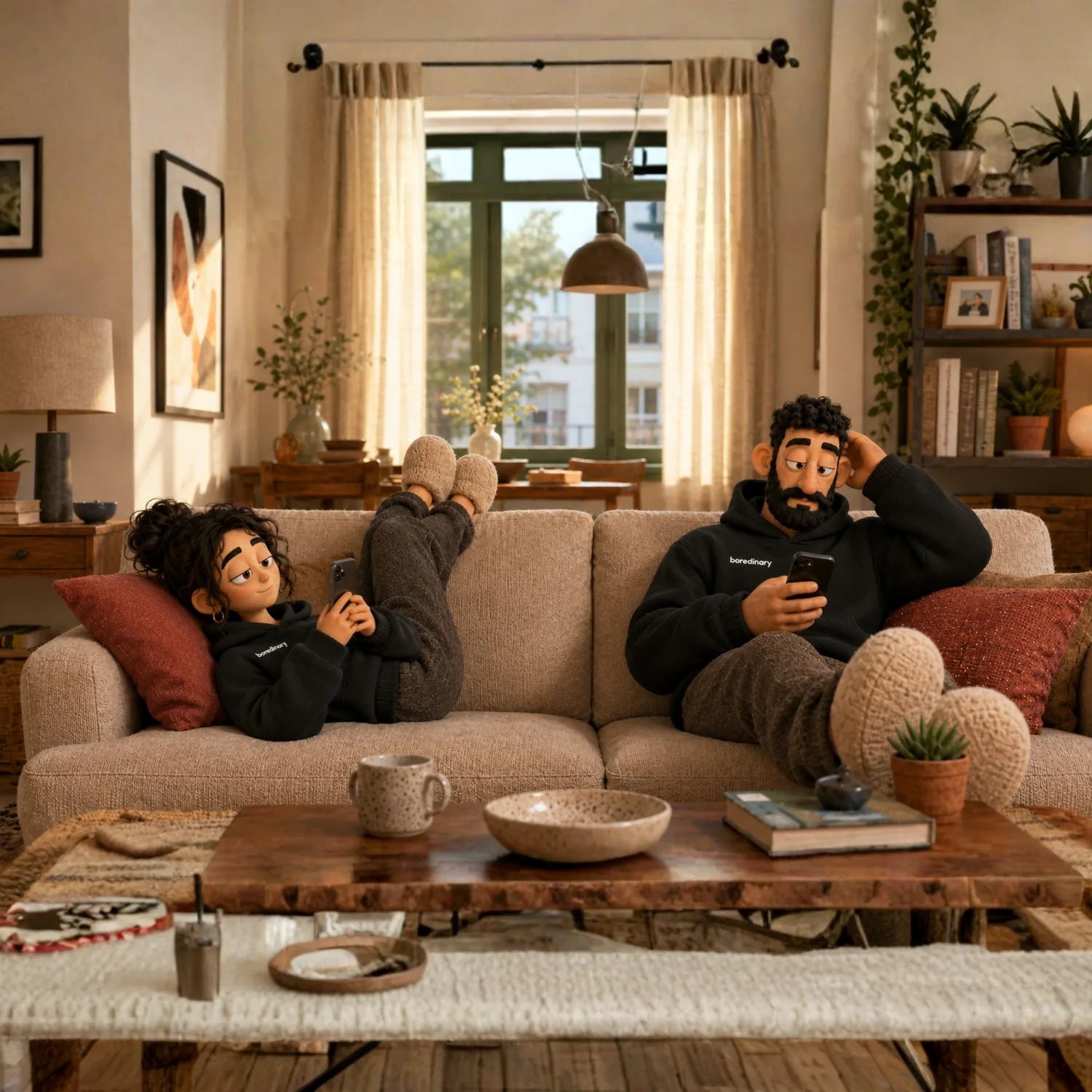Kevin and Claire lounging on the couch in boredinary hoodies