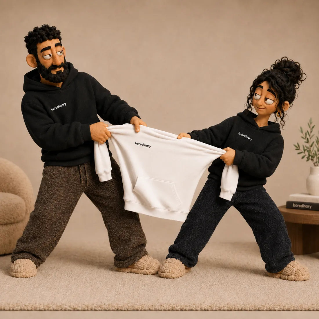 Kevin and Claire in a tug-of-war over a boredinary hoodie